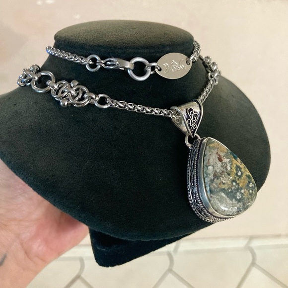 925 sterling overlay ocean moss agate jasper stone charm chain boho necklace - Picture 8 of 16